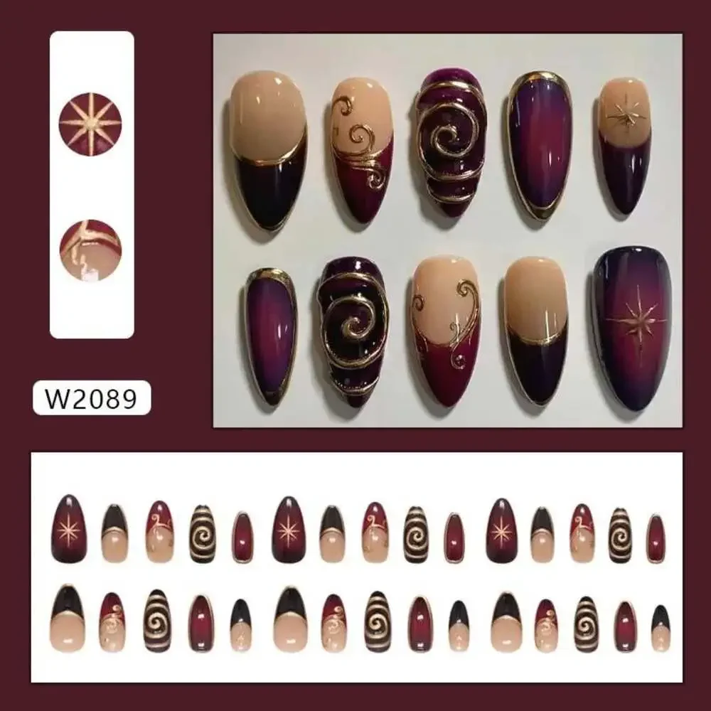 24Pcs Golden Lines Patterns False Nails Dark Purple Blush French Fake Nails for